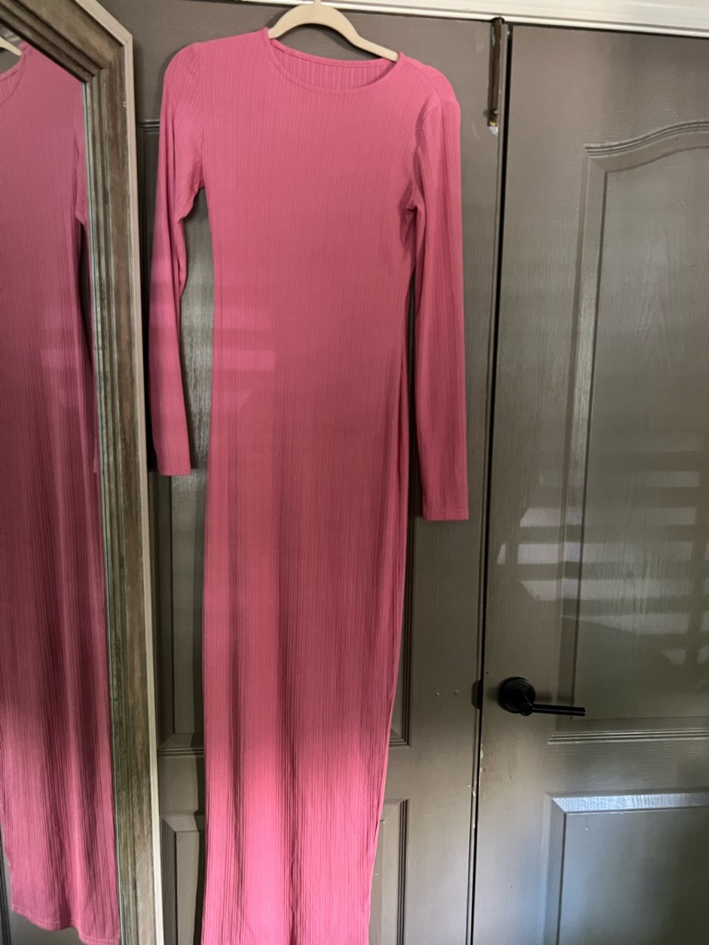 Pink Maxi Long Sleeve Ribbed Women's Dress - Picture 3 of 7